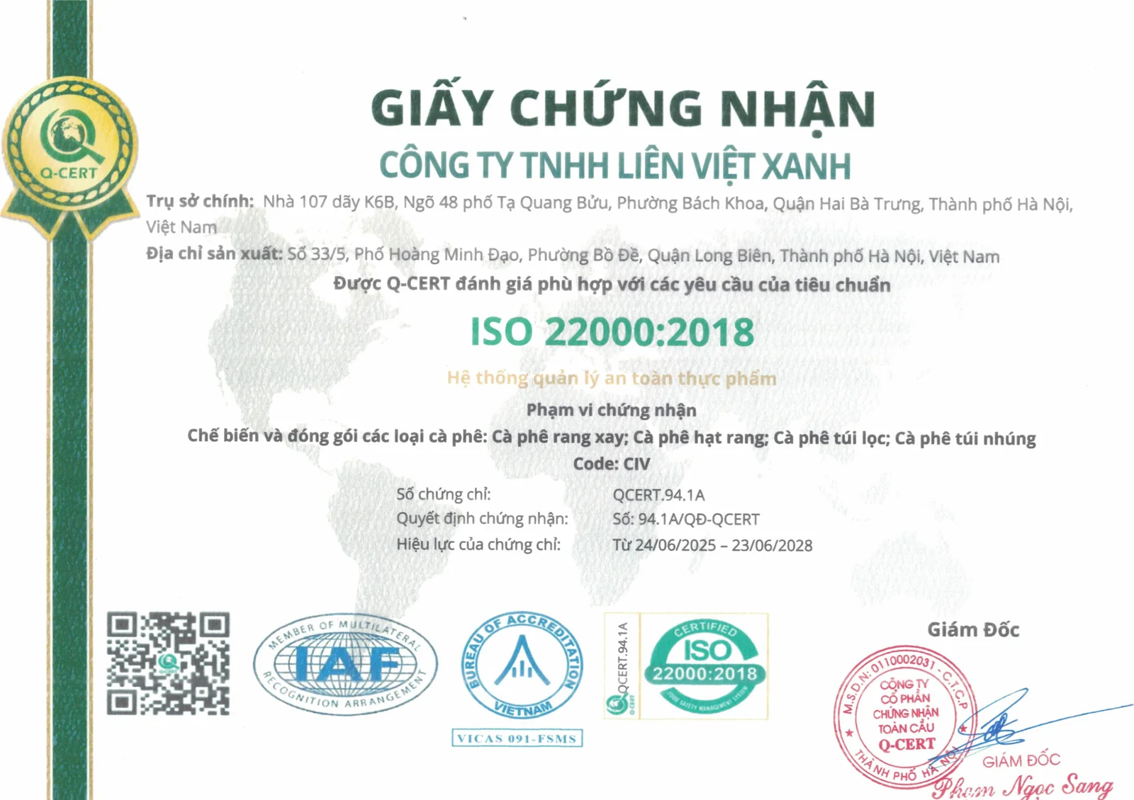 Giấy chứng nhận ISO 22000:2018 của CÔNG TY TNHH LIÊN VIỆT XANH, hiệu lực đến 23/06/2028