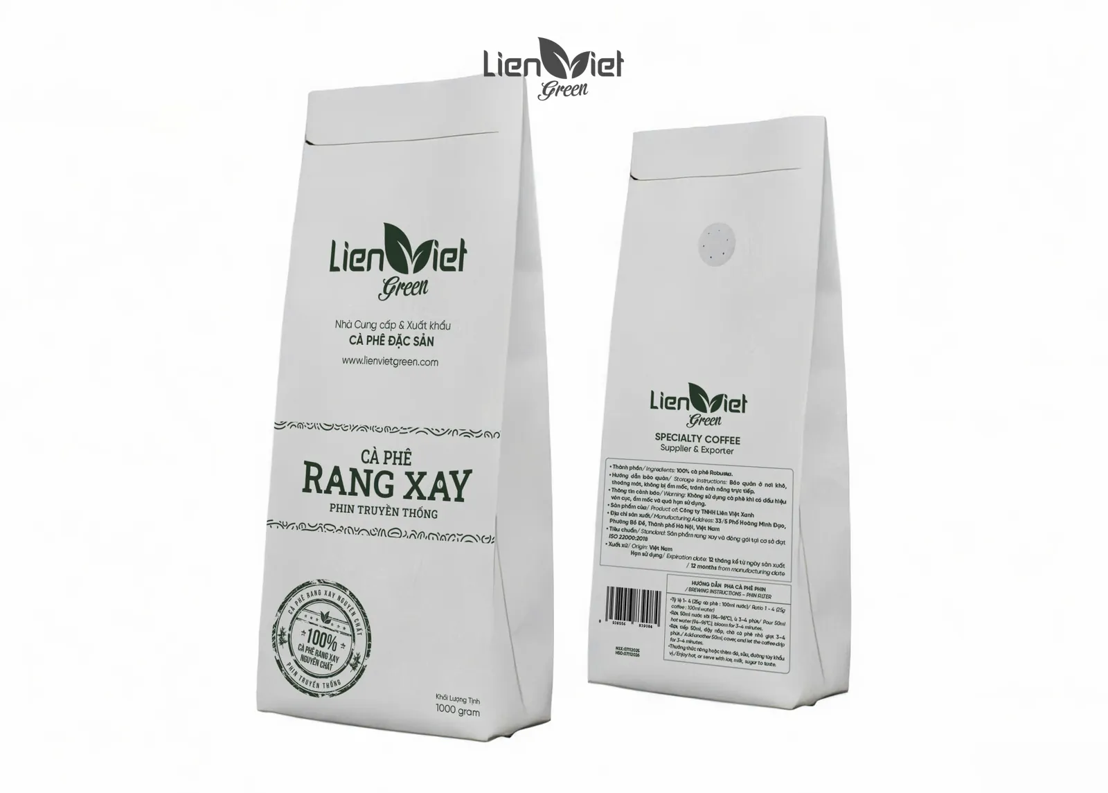 Túi cà phê rang xay Liên Việt Green mặt trước và mặt sau